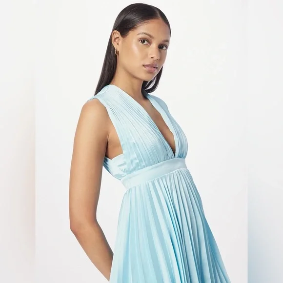 Abercrombie & Fitch Plunge Pleated Satin Mini Dress Sky Blue XLT Tall Long NWT - Picture 3 of 16